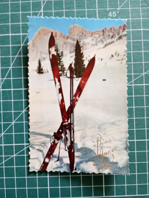 xf302 CP circa 1950 fantaisie dessin bonne année paire de ski montagne