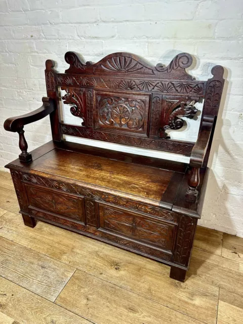 Antique Victorian Hall  Bench Storage Seat In Solid Oak .Free Delivery Available