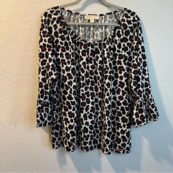 Women’s Michael Kors black and pink leopard print belle sleeve blouse size XL