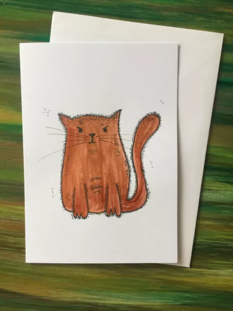 Original handbemalte Grußkarte bronzebraune Katze, verrückte Katze Dame, Katze Vater