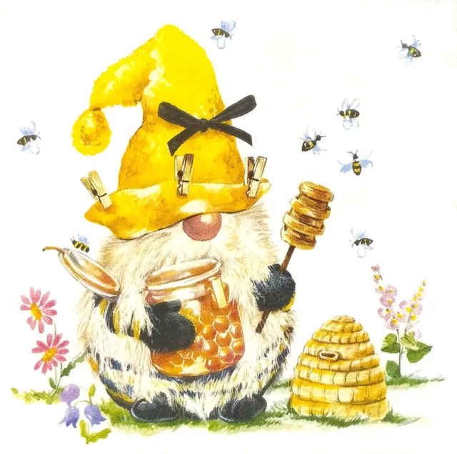 T341# 3 servilletas de papel individuales para decoupage miel abeja colmena tote gnomo enano