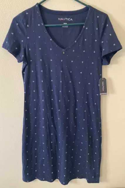 NAUTICA Night Gown Womens Medium Navy Blue With Dots & Anchors Pattern NWT