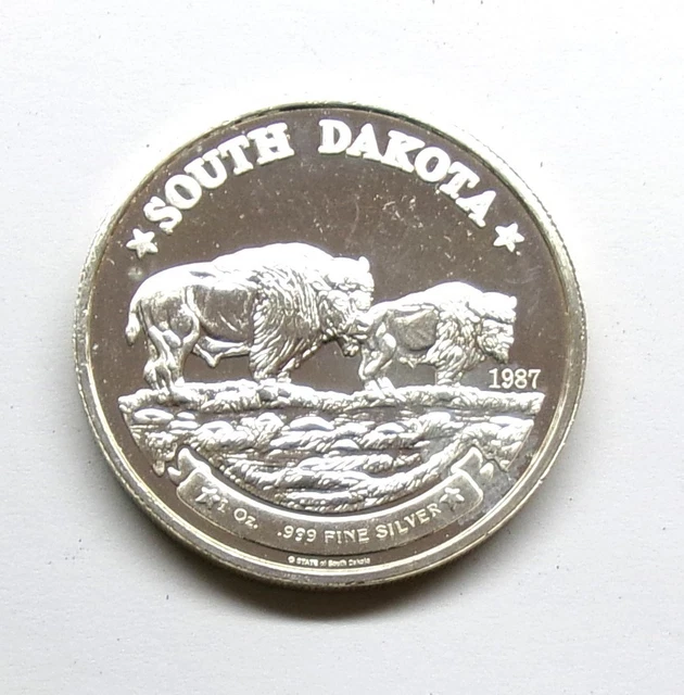 VINTAGE 1987 SOUTH Dakota 1 oz .999 Silver Round ~ Buffalo $98.16