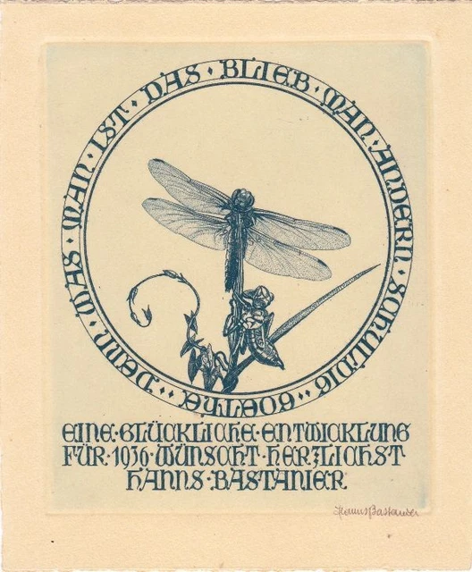 New Year's Greeting Etching Hanns Bastanier 1885-1966 Butterfly Larva