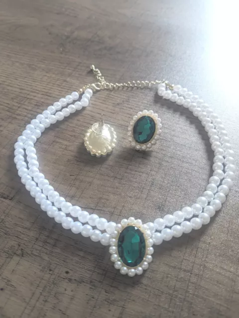 Vintage Luxury Emerald Stud Earrings & Faux Pearl Chokar Necklace Set Perfect... 3