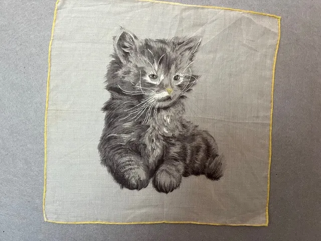 Vintage Handkerchief Grey Fluffy Cat Kitten on White Background  11" Square