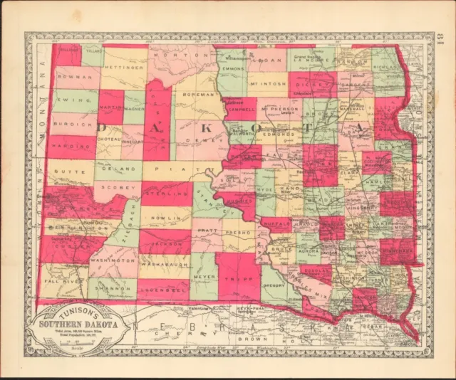 1889 South & North Dakota Tunison antique map ~13.8" x 11.5" vibrant color