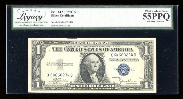 DBR 1935-C $1 Silver Fr. 1612 XD Block Legacy 55 PPQ Serial X64660234D