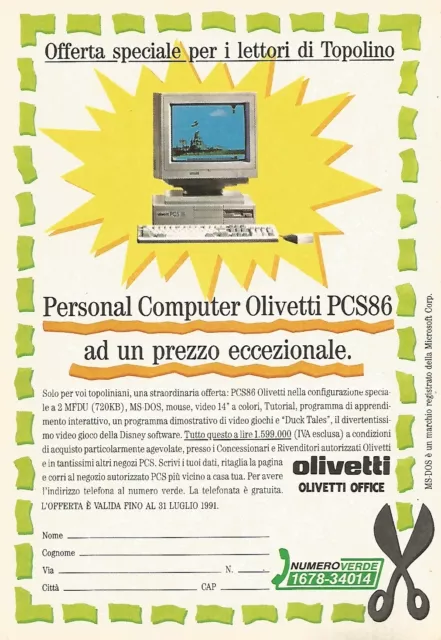 X1566 Personal Computer Olivetti Pcs 86 - Publicité Du 1991 - Vintage -