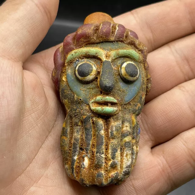 Unique Ancient Phoencian Mosaic Glass Beard Face Head Statue Pendant