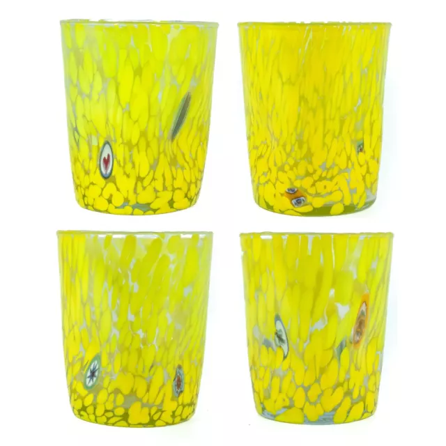 Set of Four 4 Murano Glasses Drinking Art Tumbler Yellow Handmade Millefiori