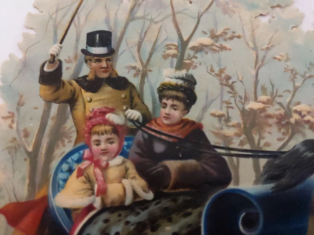 Victorian Family Embossed Winter Scene Horse Drawn Sleigh Sled Ride Dog Chasing