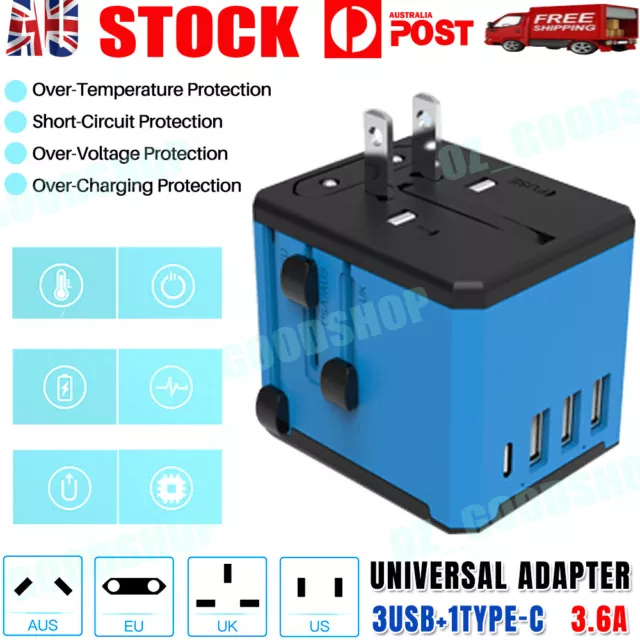 Universal World Travel Adapter 3 USB & Type-C Charger UK/EU/AU/US Plug Converter