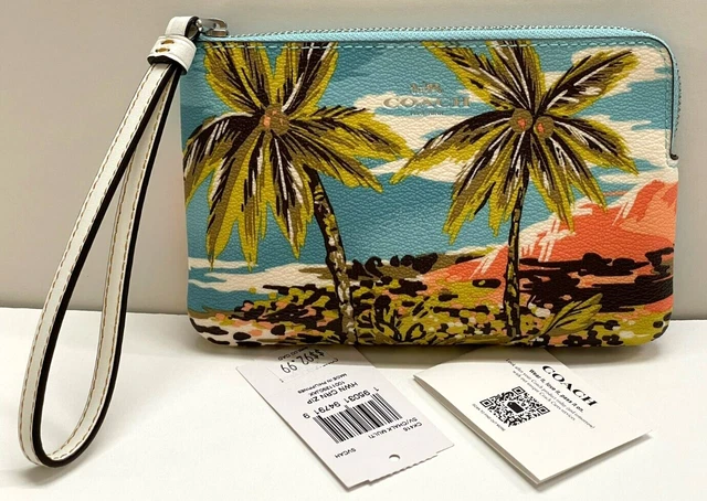 NEW! COACH Corner Zip Wristlet With Hawaiian Print - Silver/ Chalk Multi - CK416