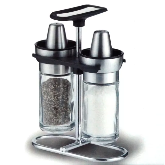 Salt & Pepper Glass Shakers Stainless Steel Bowl Top Lid Stand Spice Restaurant