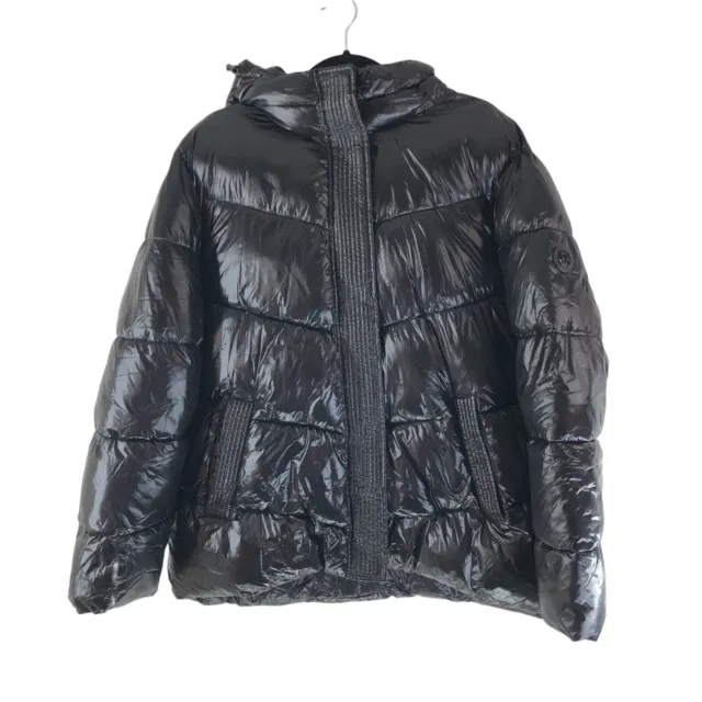 Michael Kors Womens Puffer Jacket Hooded Shiny Quilted Logo Black XXL