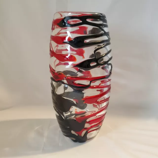 Swirl Black and Red Art Glass Vase Applied Color Hand Blown