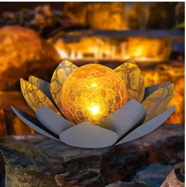 Huaxu Solar Lights Outdoor Garden Decor , Amber Crackle Globe Glass Lotus Decora