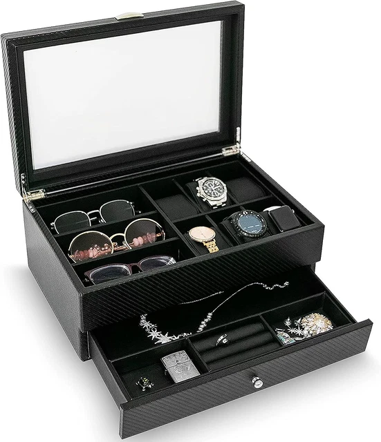 HAUTEROW Watch Box Organizer For Men Jewelry Case Sunglass Valet Tray Mens