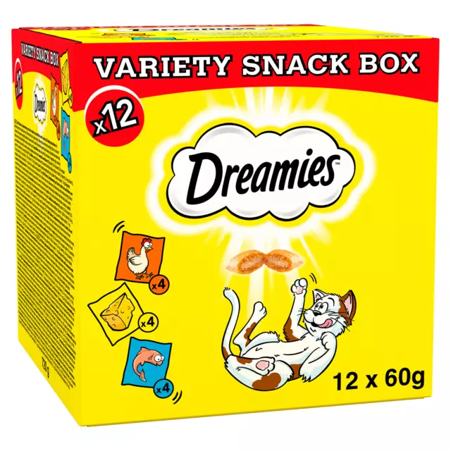 12 x 60g Dreamies Cat Treats Mixed Variety Snack Box Chicken Cheese & Salmon