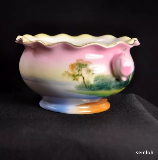 Noritake Rose Bud Handle Bowl Hand Painted Tree House Lake Meadow Gold 1918-1931 3