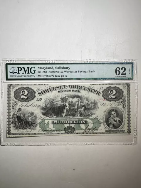 Somerset & Worcester Savings Bank Maryland Salisbury $2 1862 EPQ