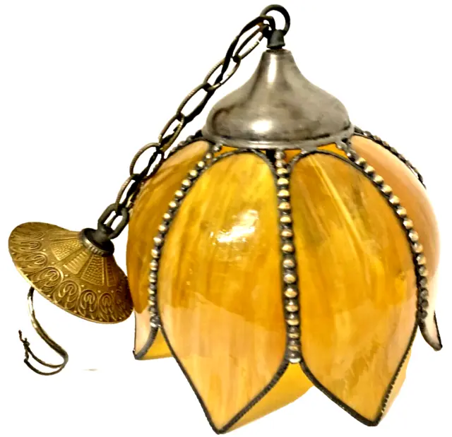 Vintage Slag Glass Swag Tulip Pendant Light Amber Mid Century Retro