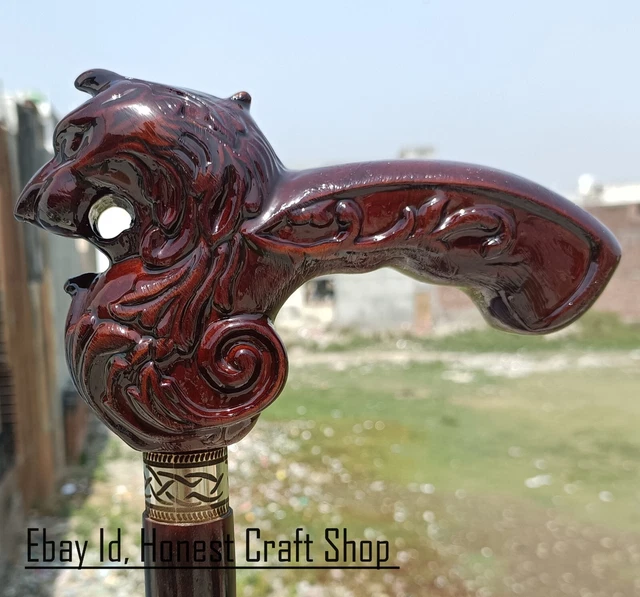 Hand Carved Lion Head Handle Wooden Walking Cane Handmade Walking Stick Gift A1