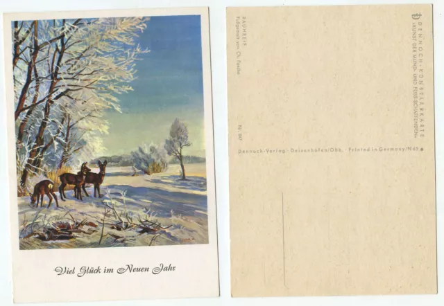 16703 - Good Luck in the New Year - Deer in Winter Landscape - Old Postcard