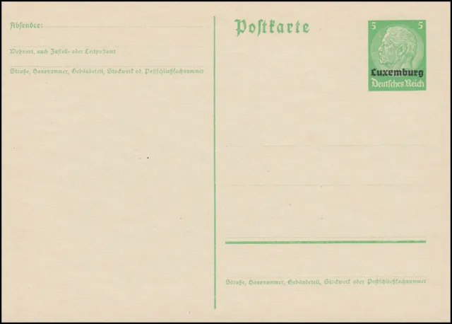 Luxemburg Postkarte P 1 Hindenburg Aufdruck 5 Pf hellgrün, ** wie verausgabt
