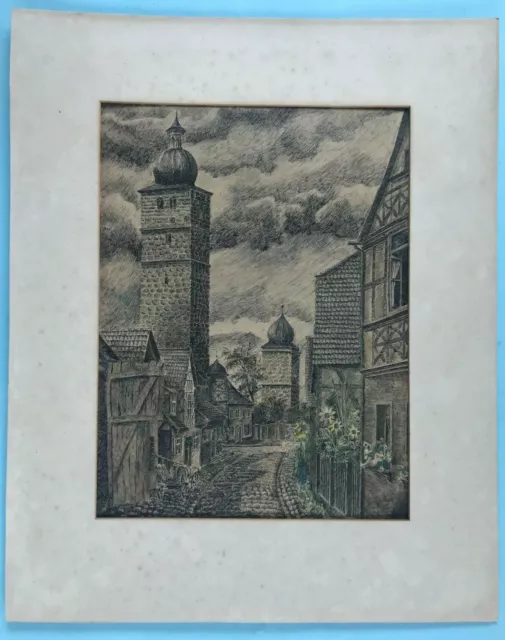 Tuschfeder Hand-Zeichnung Dorf Zwiebeltürme Sudetenland/Schlesien/Künstler?~1900 2