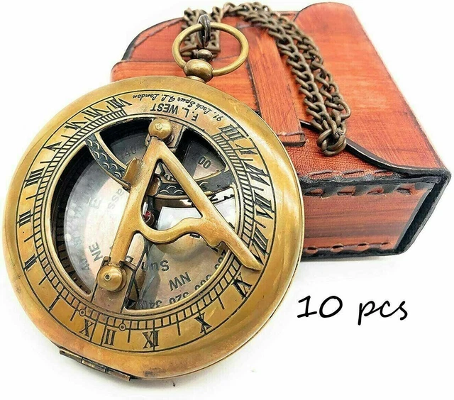Brújula de reloj de sol de bolsillo de latón con estuche de cuero Lote...