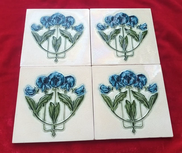 4 Piece Lot Old Art Flower Design Embossed Majolica Ceramic Tiles England 0381 2