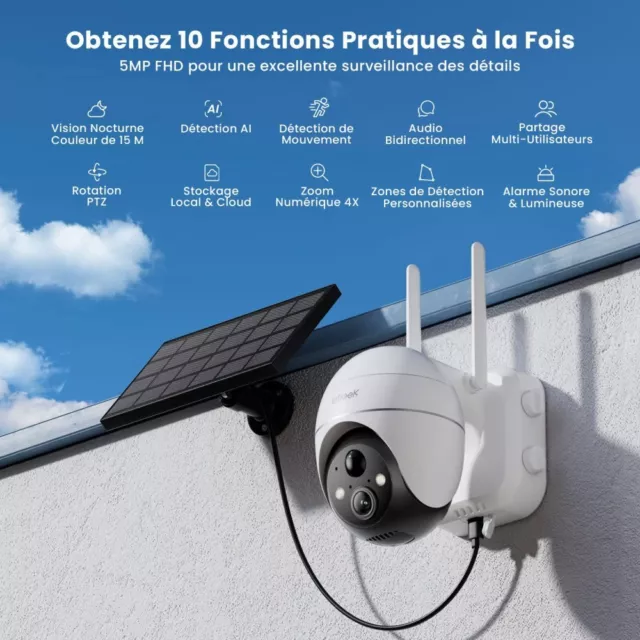 5MP Camera Surveillance WiFi Exterieure sans Fil Camera Solaire 360° Sirène IP65 2