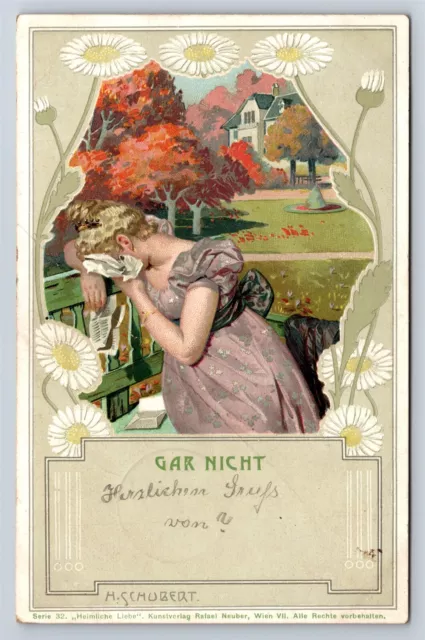 Postcard German Beautiful Woman Crying Litho Schubert Art Nouveau c1901 AD28