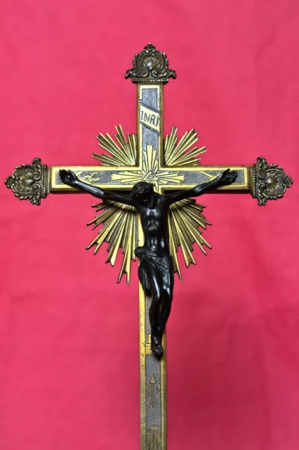 GRANDE CROIX RELIQUAIRE Bronze Doré XIXe 19e siècle SCEAU EPISCOPAL 19th relics