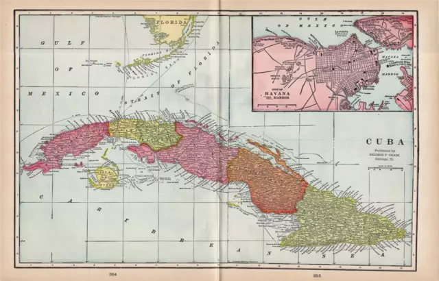 1898 Antique Cram Atlas Map Of Cuba-Excellent Detail