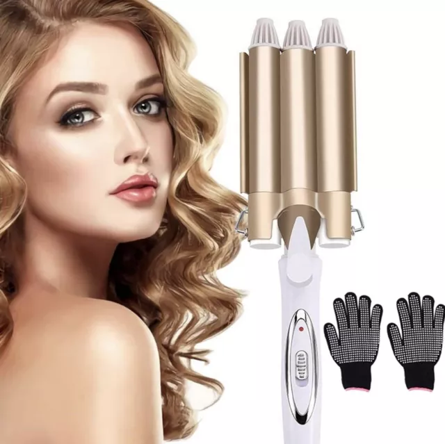 Hair Salon Ceramic 3 Triple Barrel Hair Wave Waver Curling Iron Curler Wand UK