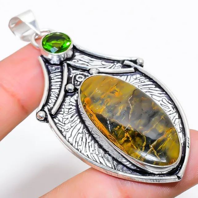 Golden Pietersite Gemstone 925 Sterling Silver Jewelry Pendant 2.68"