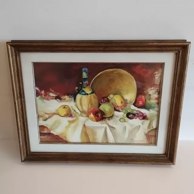 Fruit And Wine Still Life Painting - Oil/Acrylic On Canvas - Framed