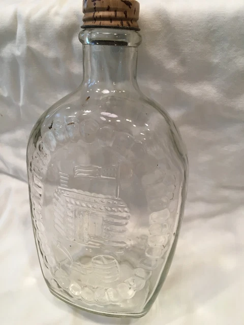 Log Cabin Bicentennial Syrup Bottle 'log cabin' design, clear glass Vintage