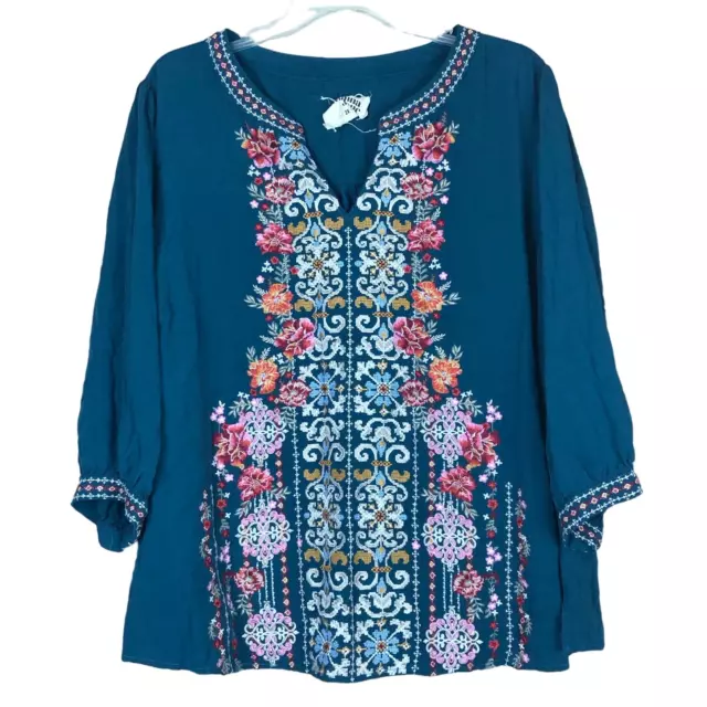 Savanna Jane Women Top Sz 2X XXL Blue Embroidered Bohemian Floral Paisley Blue