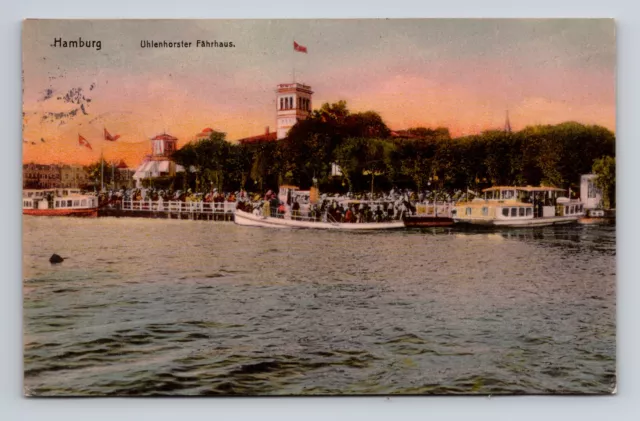 c1913 Postcard Hamburg Uhlenhorster Ferry House Fahrhaus Boats People