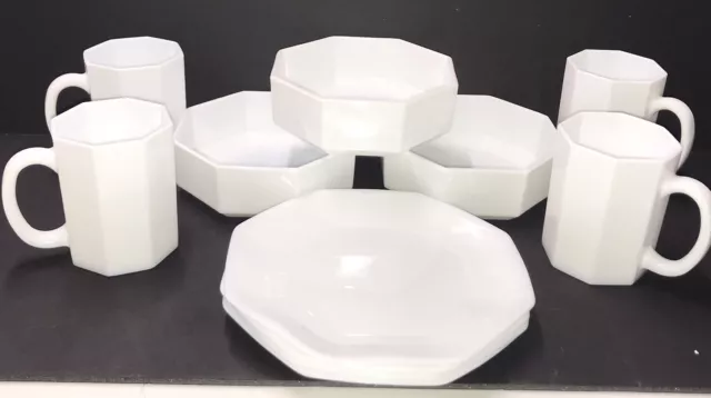 Arcoroc France OCTIME White milk Glass Octagon 4 Salad plates, 4 cups 3 bowls
