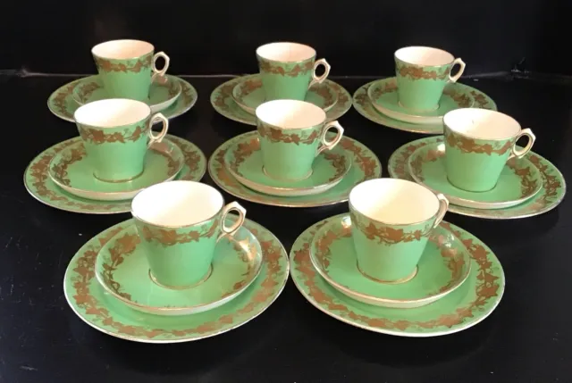 Unusual Antique Victorian Bone China  Tea Set For 8 Green Gilt Ivy Decoration