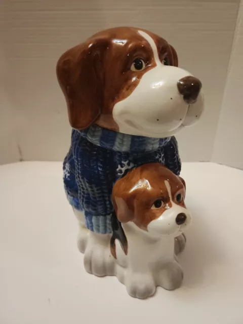 Beagle Mercuries Dog in Blue Knit Sweater With Puppy Ceramic Cookie Jar Dogs