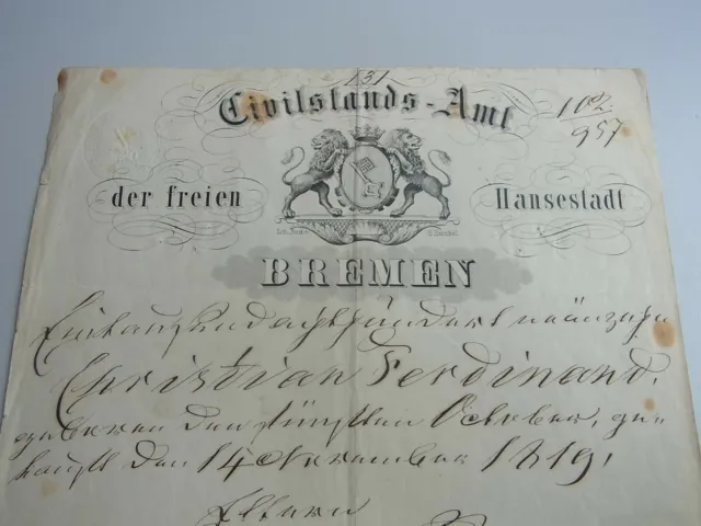 Geburtsbrief BREMEN 1848 Christian F. REIMANN (*1819), Signatur Gerhard CAESAR 3