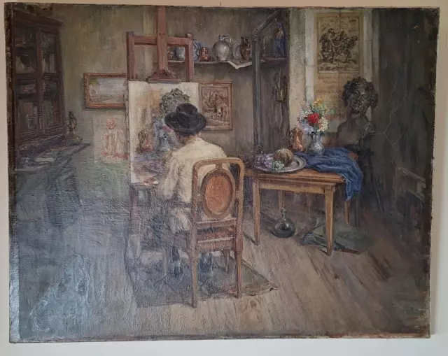 Grand tableau impressionniste XXè/ années 50/Peintre dans son atelier/A voir!