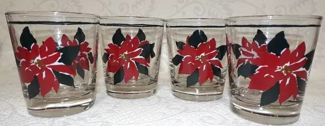 Poinsettia Christmas Anchor Hocking On The Rocks Low Ball Set of 4 Vintage Clear