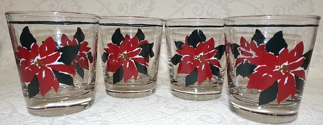 Poinsettia Christmas Anchor Hocking On The Rocks Low Ball Set of 4 Vintage Clear